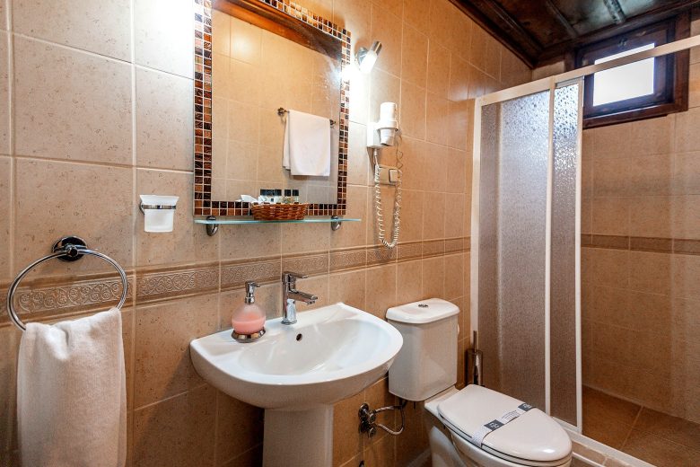 Tarihi bina odası banyosu, lavabo ve duşakabin
